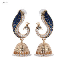 Retro Indian Bollywood Gold Pearl Blue Peacock Jhumka Jhumki Drop Earrings Gypsy Jewelry For Women 2024 - buy cheap