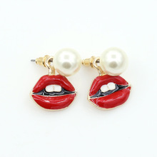 Sexy Red Mouth Love Lip Simulated Pearl Stud Earrings For Women Gold Double Side Eye Charm Fashion Ear Jewelry Accessories 2024 - buy cheap