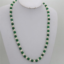 7-8mm White Natural Pearl Collocation 8mm Green Onyx Chalcedony Round Necklace Long Sweater Chain Beads Jewelry Wholesale 25inch 2024 - buy cheap