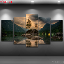 5 peças montanha lago relâmpago paisagem pintura diamante, 5d diy pintura diamante quadrado completo redondo ponto cruz, mosaico kit 2024 - compre barato