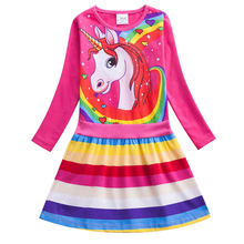 Vestido de unicornio de manga larga para niña, vestido informal de algodón con palabra A, vestido de rayas de arco iris para niño LH6219 2024 - compra barato