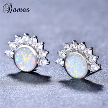 Bamos Blue/White Fire Opal Stud Earrings Double Eyes Earrings Silver Color Fine Jewelry For Women Christmas Gift 2024 - buy cheap