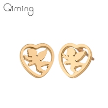 Pendientes de aro de acero inoxidable para mujer y niña, aretes con forma de corazón, amor, alas de ángulo, joyería de oro, barata, estilo bohemio, el mejor regalo 2024 - compra barato