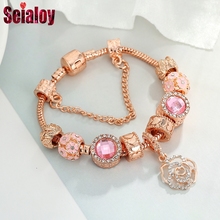 Fashion Rose Gold Brands Bracelets For Women Original Pink Rhinestone Daisy Group Beads Crystal Rose Charm Bracelet Bangle Gift 2024 - buy cheap