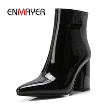 ENMAYER Women Ankle Boots for Women High Heel Pointed Toe Autumn Winter Shoes Woman Size 32-43 Square Heel Patent Leather CR1386 2024 - buy cheap