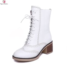 Original Intention Women Mid-Calf Boots Nice Round Toe Square Heels High-quality Black White Brown Shoes Woman Plus Size 4-10.5 2024 - buy cheap