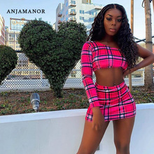 ANJAMANOR Plaid Print Sexy Two Piece Set One Shoulder Long Sleeve Crop Top Skirt Matching Sets Club Outfits Spring 2020 D0-CE16 2024 - buy cheap