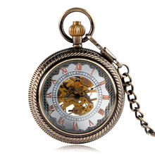 Reloj de bolsillo mecánico para hombre y mujer, accesorio masculino de bronce, con cadena, tallado de esqueleto y cadena 2024 - compra barato