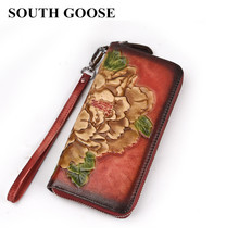 SOUTH GOOSE-cartera de cuero genuino para mujer, billetera larga de mano, gofrado con flores, con cremallera, tarjetero 2024 - compra barato