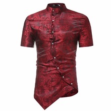 Camisa de Cachemira roja vino hombres 2021 personalidad botón oblicuo manga corta vestido Camisa hombres Casual mandarín Collar camisas Camisa 2024 - compra barato