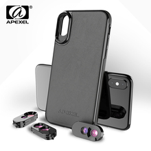 Apexel lentes duplas para iphone x xs, com capa de celular de couro preto, ângulo amplo, lentes de olho de peixe, 2x lentes telefônicas, kit de lentes macro 10x 2024 - compre barato