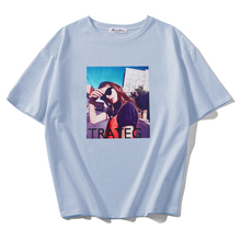 Женская туника, базовая футболка с коротким рукавом и принтом, 100% хлопок, синий, лето 2019 2024 - купить недорого