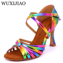 WUXIJIAO Latin Dance Shoes Rainbow Colors bright PU Women's Salsa elegant Ballroom dancing shoes soft outsole Cuba high Heel 9cm 2024 - buy cheap