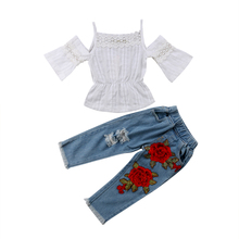 2PCS Baby Girls Strapless Lace Tops+Rose Denim Pants Summer Outfits Clothes 2024 - buy cheap