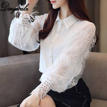 Dingaozlz Fashion Chiffon lace shirt 2018 New Lantern sleeve Patchwork Women blouse Tops Casual Crochet Beaded White shirt 2024 - buy cheap