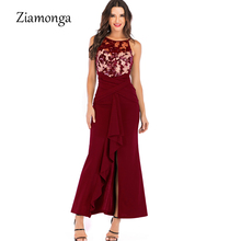 Ziamonga Sequined Maxi Dress Women Sexy High Split Bandage Long Dress 2019 O-Neck Sequined Lace Dresses Ruffles Party Vestidos 2024 - buy cheap