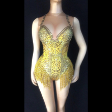 2019 Yellow Gold Crystal Bodysuit Women's Sleeveless Outfit Dance Stage Show Nightclub Costume Singer Bodysuit in Tassels 2024 - buy cheap