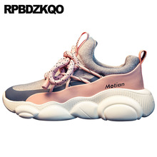 Tênis de cunha respirável feminino, sapatos rosa da celebridade, tênis plataforma coreanos, sola grossa com laço, dedo do pé redondo 2024 - compre barato