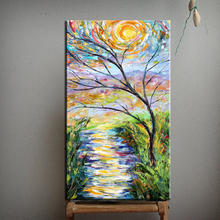 Pintura abstrata à mão em árvore, pintada à mão, moderna, contemporânea, arte para parede, pôr do sol, floresta, paleta, faca, pintura a óleo em tela 2024 - compre barato