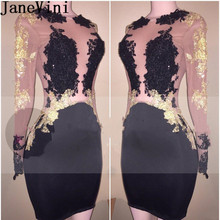 Janevini cocteleria preto mangas compridas vestido de cocktail ouro applique curto frisado acima do joelho vestidos de festa vestido de cocktail 2019 2024 - compre barato