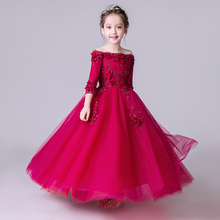 Glizt-vestido floral de primeira comunhão vermelho, vestidos de tule para meninas, casamento, vestido formal, festa de aniversário, princesa 2024 - compre barato