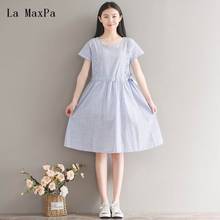 La MaxPa  Summer Lady Dress Mori Girl Cute Cotton Linen Striped Loose Dress Plus Size Brief O-neck Short Sleeve A Line Drees 2024 - buy cheap