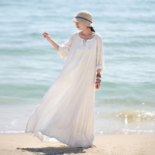 LZJN White Maxi Beach Dress Long Sleeve Women 2020 Spring Autumn Cotton Linen Robe Lace Up O Neck Soft Mori Girl Dresses 7255 2024 - buy cheap
