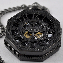 Newest Black Steel Steampunk Octagonal Shape Hand Wind Skeleton Mechanical FOB Pocket Watch Chain Men Women Fashion Casual Watch 2024 - buy cheap