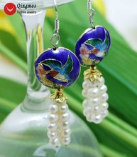 Qingmos Trendy Cloisonne & Natural 4-5mm White Pearl Earrings for Women with Blue Coin Cloisonne Hummer Dangle 2.5'' Earring 522 2024 - buy cheap