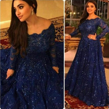 Vestidos de Noche musulmanes de color azul oscuro, vestido de noche largo elegante con mangas largas de encaje con cuentas islámicas de Dubái saudita árabe 2024 - compra barato