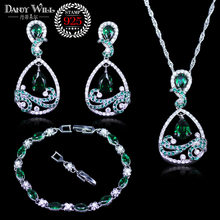 Trendy Water Drop Green Cubic Zirconia White CZ  silver color  Jewelry Sets For Women Earrings/Pendant/Necklace/Bracelet 2024 - buy cheap