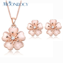 MOONROCY Drop Shipping Fashion Cymophane Opal Crystal Necklace and Earrings Set Zirconia  rose Gold Color Jewelry Set for women 2024 - buy cheap
