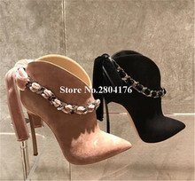 Brand Design Women Fashion Suede Leather Stiletto Metal Heel Chain Design Short Boots Pink Black Bowtie High Heel Ankle Booties 2024 - buy cheap