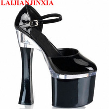 LAIJIANJINXIA New Round Toe Strap High Heels shoes woman Newest 18cm Square heels platform Patent Leather bridal/wedding pumps 2024 - buy cheap