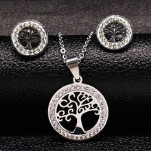 2021 Silver Color Tree of Life Set Jewelry Women Crystal Stainless Steel Earrings Necklace Sets conjunto de joyas S176191 2024 - buy cheap