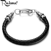 RUIMO Retro 316l Stainless Steel Connector Buckle Charms Wristband Bangle Genuine Braided Leather Bracelet For Men Women 2024 - buy cheap