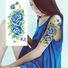 Tatuagem falsa de henna, tatuagens temporárias falsas, adesivos sensuais, flores de rosa azul, braço, ombro, tatuagem à prova d'água para mulheres no corpo, 1 peça 2024 - compre barato