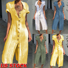 Hot Women Summer Dress Short Sleeve V-Neck Solid Cotton Casual Ladies Lapel Button Party Evening Beach Dresses Maxi Sundress 2024 - buy cheap
