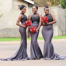 African Nigerian Mermaid Gray Bridesmaid Dresses Long Beaded Appliques Satin Prom Dress Wedding Party Gown 2024 - buy cheap