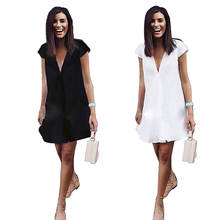Women Summer Casual Loose Short Sleeve Deep V-Neck Chiffon Blouse Party Dress 2024 - buy cheap