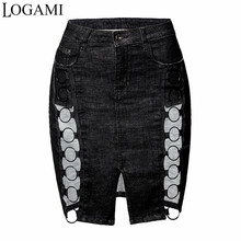 LOGAMI High Waist Leather Skirt Hollow Out Midi Pencil Skirts Womens Split Denim Skirts Black Blue 2024 - buy cheap