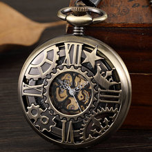 Reloj de bolsillo mecánico para hombre, pulsera con diseño de estrellas y números romanos, esqueleto Steampunk, hecho a mano, regalo de cadena 2024 - compra barato