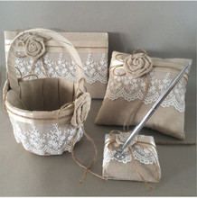 Rustic Wedding Flower Girl Basket + Guest Book + Pen Set + Ring Pillow Burlap Hessian Set With Lace Petals Ribbon Bow Decoration 2024 - buy cheap