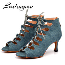 Ladingwu Latin dance shoes Women Denim Blue Dance boots wide thin high heel 10-6cm Salsa Performance Ballroom Dance Shoes 2024 - buy cheap