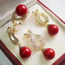 1Set AAA 12mm Red Shell Pearl Pendant Necklace Earrings Ring Set 2024 - buy cheap