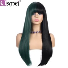 USMEI long straight synthetic wigs for women cosplay wig half black and half green color with bangs heat resistant hairpieces 2024 - buy cheap