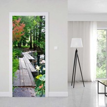 Adesivo de parede de madeira para decoração de quarto, adesivo de porta, floresta, rio, ponte de madeira, acessórios de decoração, mural de parede 2024 - compre barato