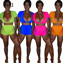 QILI Neon Green Pink Blue Orange Rompers Summer Sexy Mesh Patchwork Short Sleeve 2 Piece Set Outfits Fitness Wear 2024 - buy cheap