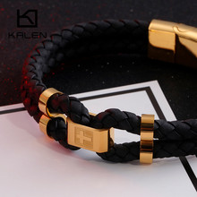 Kalen pulseira masculina de aço inoxidável, pulseira de couro de vaca, cor dourada, bracelete para homens, hip hop, esposas 2024 - compre barato