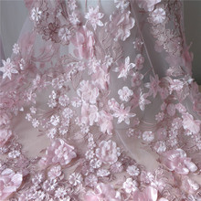 130 см в ширину, свадебное платье, тюль, кружевная ткань в розовом цвете с 3D вышивкой, цветы с жемчугом, продажа бисером 2024 - купить недорого